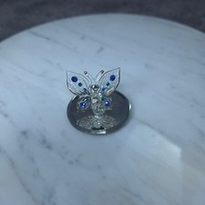 Glass Baron Butterfly Figurine Clear Blue Gold Rhinestones Mirrored Base picture