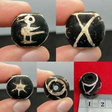 Antique  Black Stone Etched Bird Star Amulet Bead Rare Roman Bead picture
