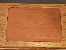 Vintage Solid Oak Jewelry Box W/Embossed Leather  Inset Sunset Scene Water Duck picture