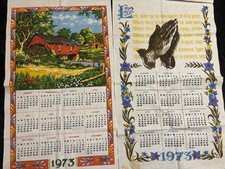 Vintage 1973 LINEN TEA DISH TOWEL CALENDAR COUNTRYSIDE COVERED BRIDGE & PRAYING picture