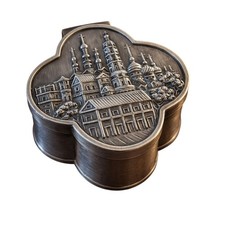 Vintage Pewter Russian Orthodox Cathedral Trinket Box Hinged Quatrefoil Silver picture
