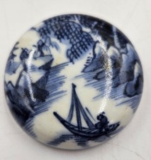 Antique Chinese Blue & White Porcelain Wax Seal Paste Box Signed picture