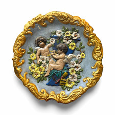 Vintage Cherub Floral Raised Relief Wall Plaque Round Painted Plaster 12