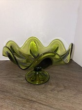 Vtg Viking Glass Emerald Green Scalloped Lg Handkerchief Pedestal Dish  9x9 picture