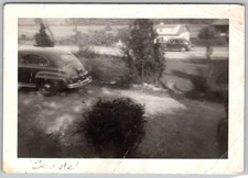 Vtg B&W Snapshot Family Car Classic 1940s Fastback Parked In Yard House 1940s picture