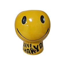 Vintage 70s McCoy HAVE A HAPPY DAY Yellow Smiley Face Cookie Jar & Lid - GREAT picture