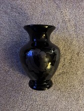Vintage Fenton Hand Painted Silver Poppies Black Amethyst Glass Wide Vase Signed picture