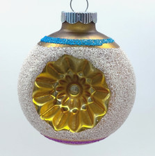 VTG Shiny Brite Gold Double Indent Heavy White Blue Pink Mica Christmas Ornament picture