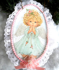 Handmade Christmas Ornament - ANGEL PLAQUE w/PEARLS & LACE - 6