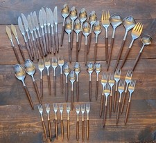 Huge Lot Of 49 Japanese Made Stainless Wood Flatware From Pyramid Ekco Vintage picture