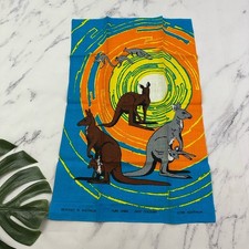 Vintage 70s Australia Souvenir Linen Tea Towel New Orange Blue Kangaroo Citer picture