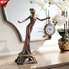 Antique Posing Woman Staue Holding Round Clock Home Table Sculpture Decor Gift picture