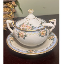 ANTIQUE Nippon Porcelain Condiment Sugar Bowl Attached Saucer Lid Spoon Floral picture