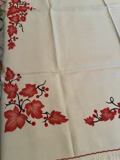 Vtg 1950s Screenprint Tablecloth Napkin Set Cream Red Maple Leaf Fringed NOS picture