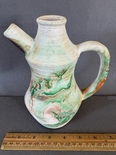 NEMADJI INDIAN POTTERY MARKED GREEN RUST GOLD WHITE SWIRL HANDLED PITCHER EWER picture