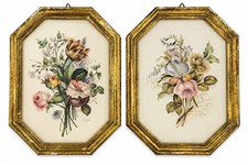 Vtg Italian Gilt Framed Silk Floral Wall Art Plaques Flemish School Flowers 2pc picture