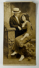 Antique 1910s Real Photo Postcard Edwardian Couple Straw Hats Coko Back RPPC OOA picture