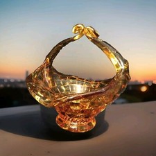 Vintage Amber Glass Basket Weave with Split Hand Blown Handle 5.75