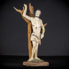 Saint Sebastian Wooden Sculpture | 1700s Antique St Martyr Wood Statue | 17.9” picture