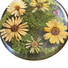 Vintage 1970s Lucite Trivet Round Floral Dried Yellow Daisies 7 Inch Hot Plate picture