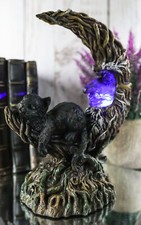 Black Cat Sitting On Crescent Greenman Tree Moon Figurine With LED Night Light picture