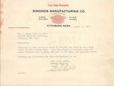 1921 Simonds Manufacturing Co. Letterhead Fitchburg Mass Industrial Ephemera picture