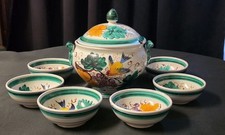 VTG Italian Majolica Soup Tureen 7 Fruit Bowls Peasant Village PV Glaze Flakes picture
