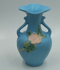 Weller Teal Signed Vase W/ Light Pink Flower Vintage  picture