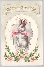 Easter Greetings Grey Bunny Rabbit Pink Ribbon Floral Frame Postcard picture