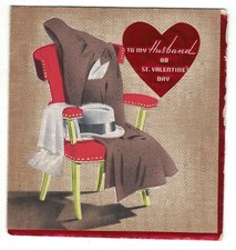 VTG MC RUST CRAFT TO MY HUSBAND VALENTINE CARD RED CHAIR HAT COAT SCRAF picture