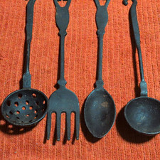 Vintage Cast Iron Metal Kitchen Utensil Set 4pc Ladle Spoon Fork Slotted Spoon picture