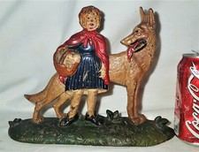 ANTIQUE NUYDEA LITTLE RED RIDING HOOD WOLF GIRL HOME CAST IRON DOOR DOORSTOP USA picture