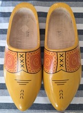 Vintage Dutch Wooden Clogs Holland Hand Painted Yellow Shoes Folk Art 14” picture