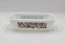 Vtg White Glasbake J522 - 1 1/2 Quart USA Loaf Pan Dish Bakeware Brown Flowers picture