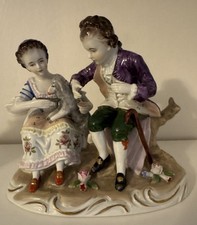 VINTAGE ROYAL Stamped German Porcelain Victorian Couple Sitting w/lamb Floral picture