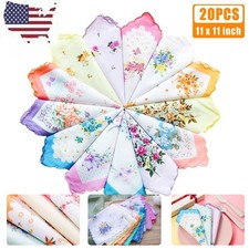 20PCS Women Vintage Floral Flowers Handkerchief 100% Cotton Square Hanky Ladies picture