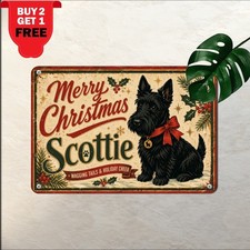 Scottie Dog Christmas Sign Scottish Terrier Holiday Metal Tin Plaque Decor picture