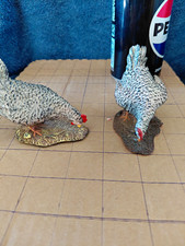 Chicken Pair Figurines Pecking on Base Speckled Gray/White Lot of 2 picture