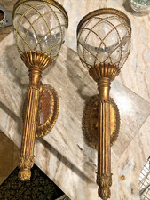 VTG Pair Hollywood Regency Hinkley Plantation Wall  Sconce Caged Glass Gold  16 picture