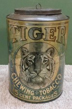RARE Vintage BLUE TIGER Chewing Tobacco Cylinder Store  Tin - 5 Cent Packages picture