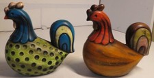 2 Ardco Ceramic Rooster Chicken Figurine Japan MCM Teal Green Orange Polka Dot picture