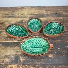 Set of 4 Vintage Patamban Barro Verde Leaf Bowls Green Glazed Mexican Pottery picture
