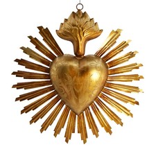 8in Sacred Heart Ex Voto with Sunray Halo, Antiqued Brass Milagro Ornament picture
