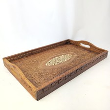 Vintage 1960s Hand Carved Wood Serving Tray Inlay Indian Boho Floral Brown picture