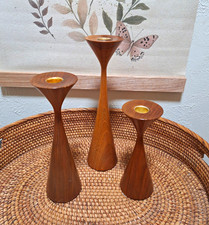 Antique Mid Century Danish Teak Candle Holder 1960s Set Of 3 Brass picture