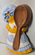 Vintage Hand Painted Ceramic Spoon Rest Burlap Dress Lady Doll Button Eyes picture