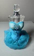Vintage Crystal Perfume Bottle Turquoise Chiffon Gown Rhinestone Tulip Stopper picture