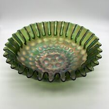 Fenton Stippled Coin Dot Bowl Green Carnival Glass Crimped Edge  picture