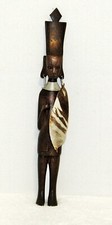 Vintage 15 1/2 Inch Wood Hand Carved Native Woman With Shield & Metal Earrings picture