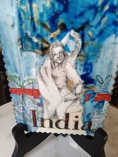 Indian Hindu Handmade Blue Red Gold Original Artwork 6x4 In Or OBO picture